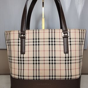 Burberry Novacheck Plaid Tote Bag with Brown Leather Accents